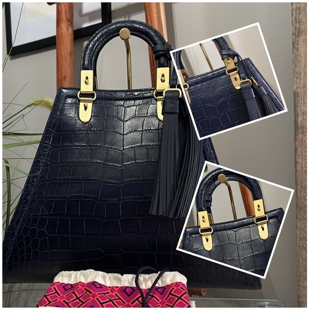 TORY BUTCH Embossed Leather Top Handle Bag in Navy & Brass, Stunning! RARE